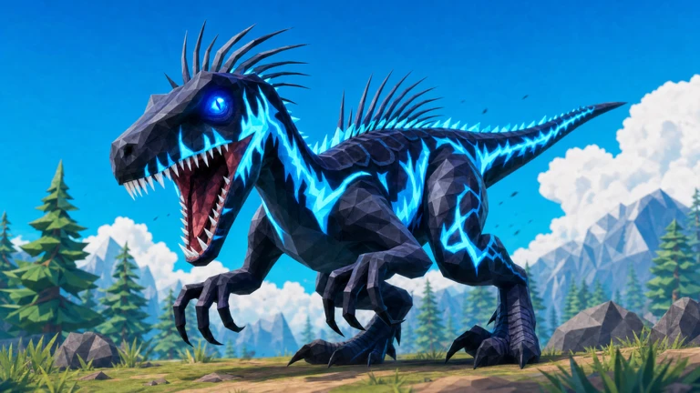 A rare-looking electric dinosaur in a mountain world